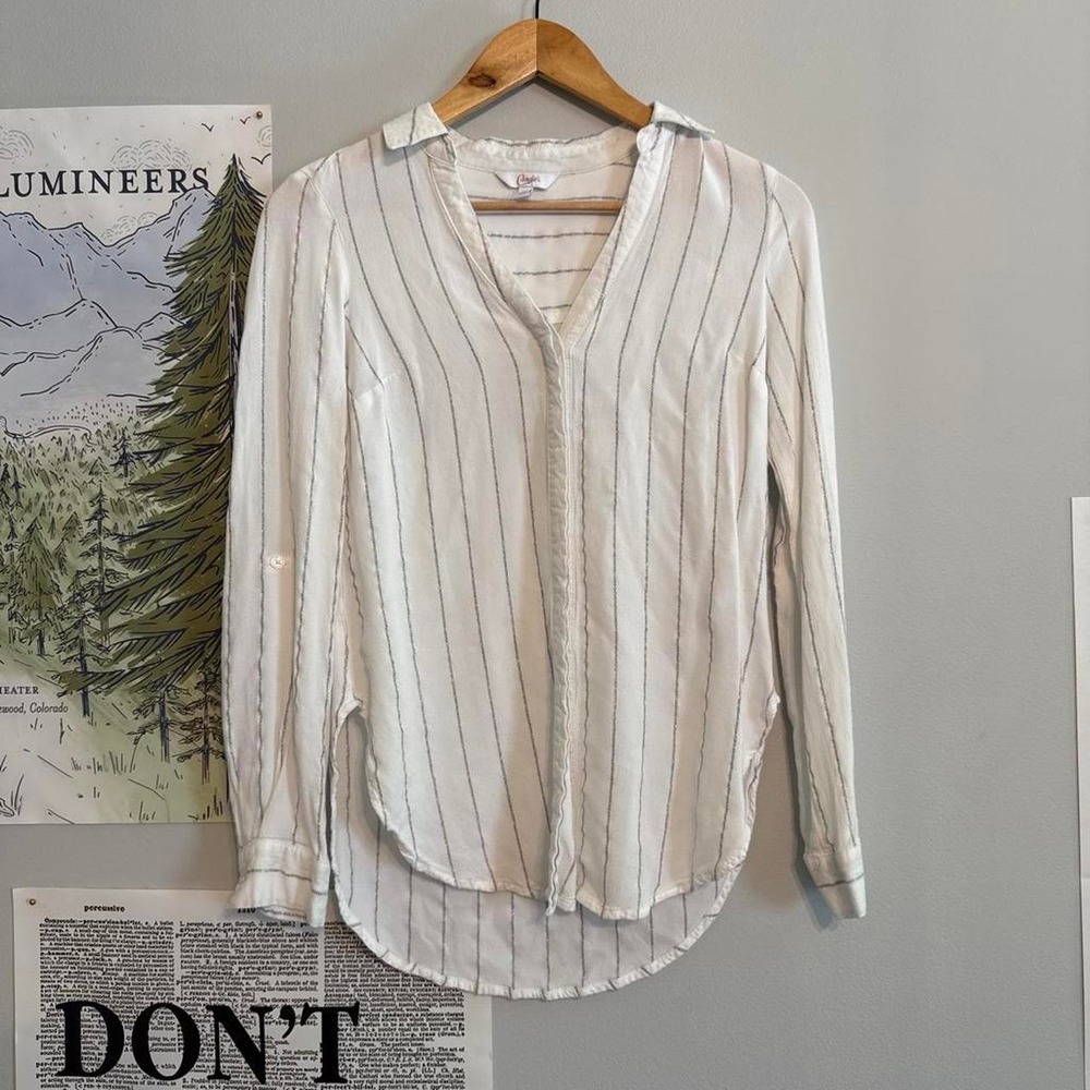 Candie's Striped V-Neck Roll Tab Sleeve Blouse